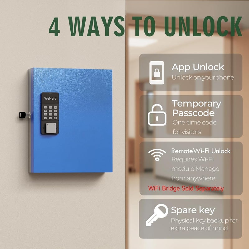 WeHere 32 Key Lock Box Wall Mount, APP Bluetooth/One Time Password Share/Wi-Fi Remote/Fixed Code/Key Unlock, Smart Key Cabinet, Key Organizer Box for Apartment, Home, Office, School Key Manage - Image 4